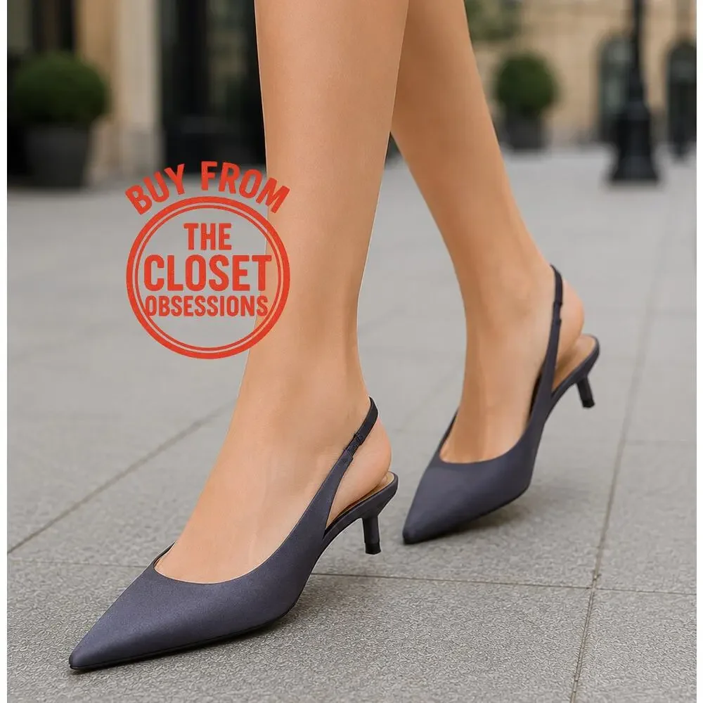 Zara Anthracite Grey Kitten Heel Slingback Pumps Pointed Toe Chic Size 7.5 NWT - Picture 2 of 16